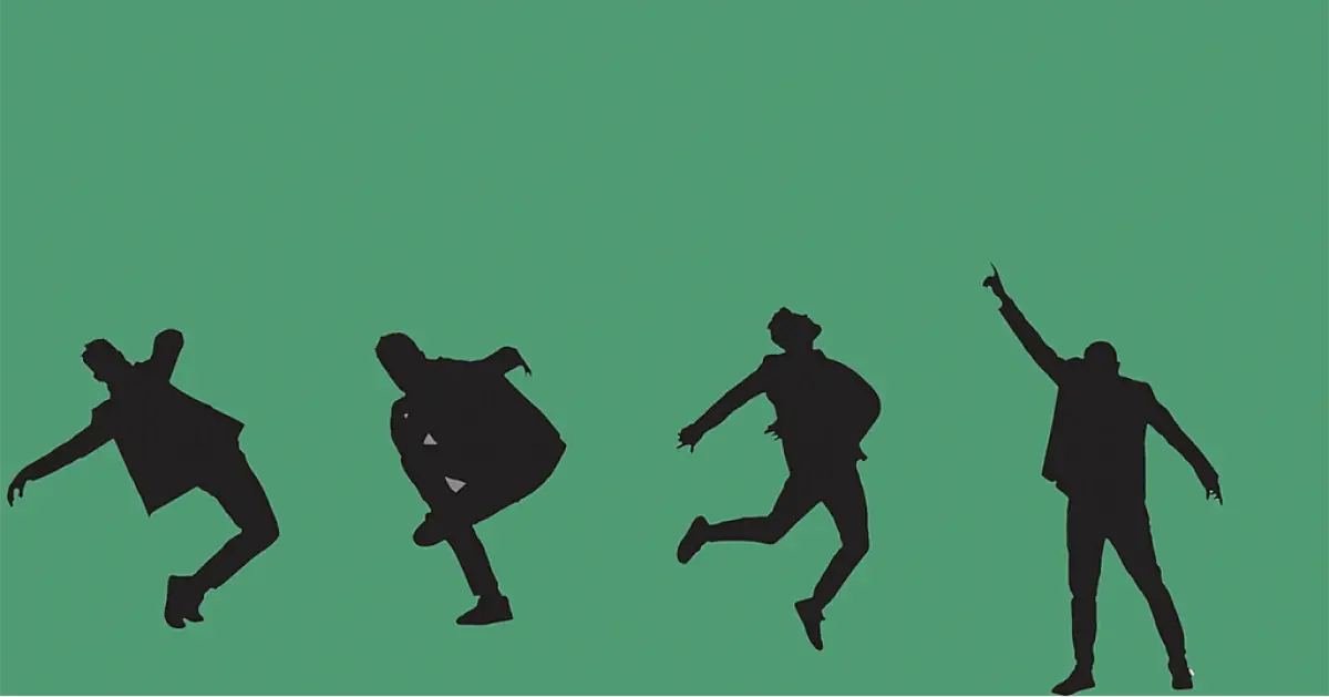 an illustration of 4 silhouettes dancing on a green background