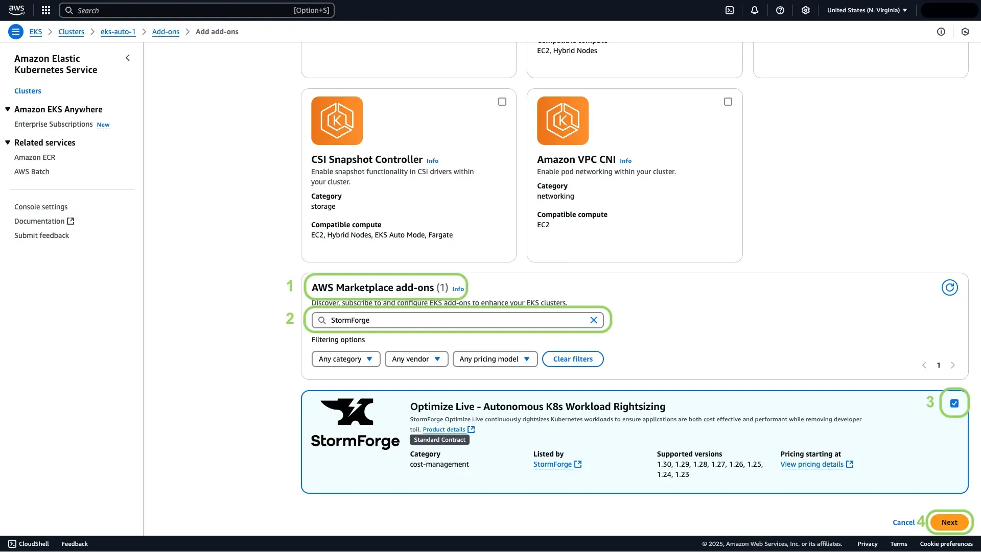 A screenshot of the AWS Marketplace showing how to add StormForge as an add-on