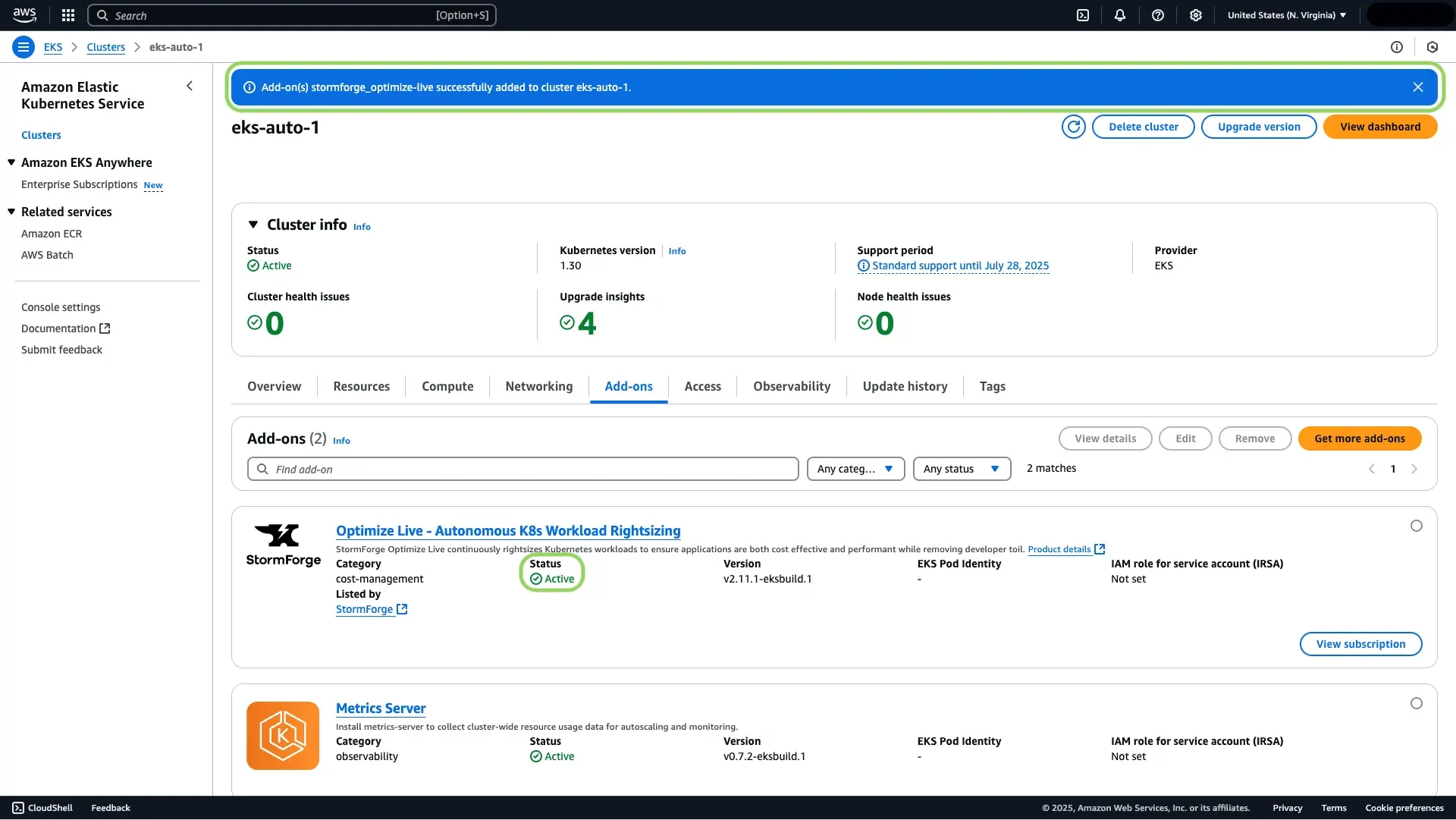 a screenshot of the AWS marketplace UI showing an add-on is active