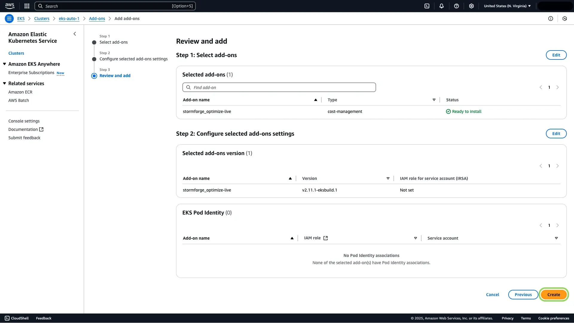 a screenshot of the AWS marketplace UI showing how to create a selected add-on