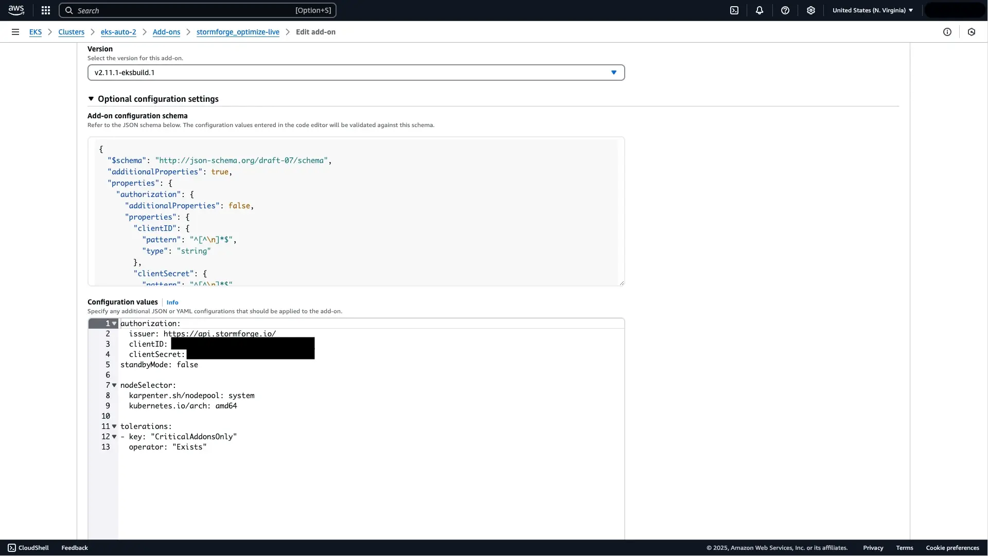 a screenshot of the Amazon EKS Auto mode UI showing how to add YAML to the Configuration values field