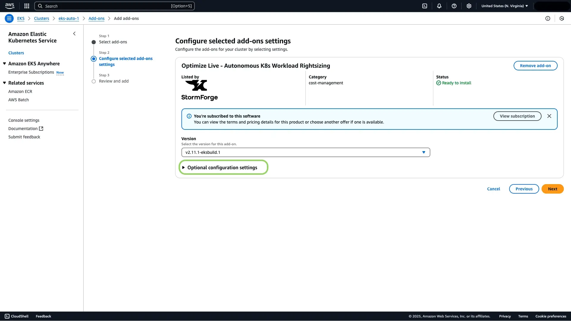 a screenshot of the AWS marketplace showing how to expand the optional configuration settings