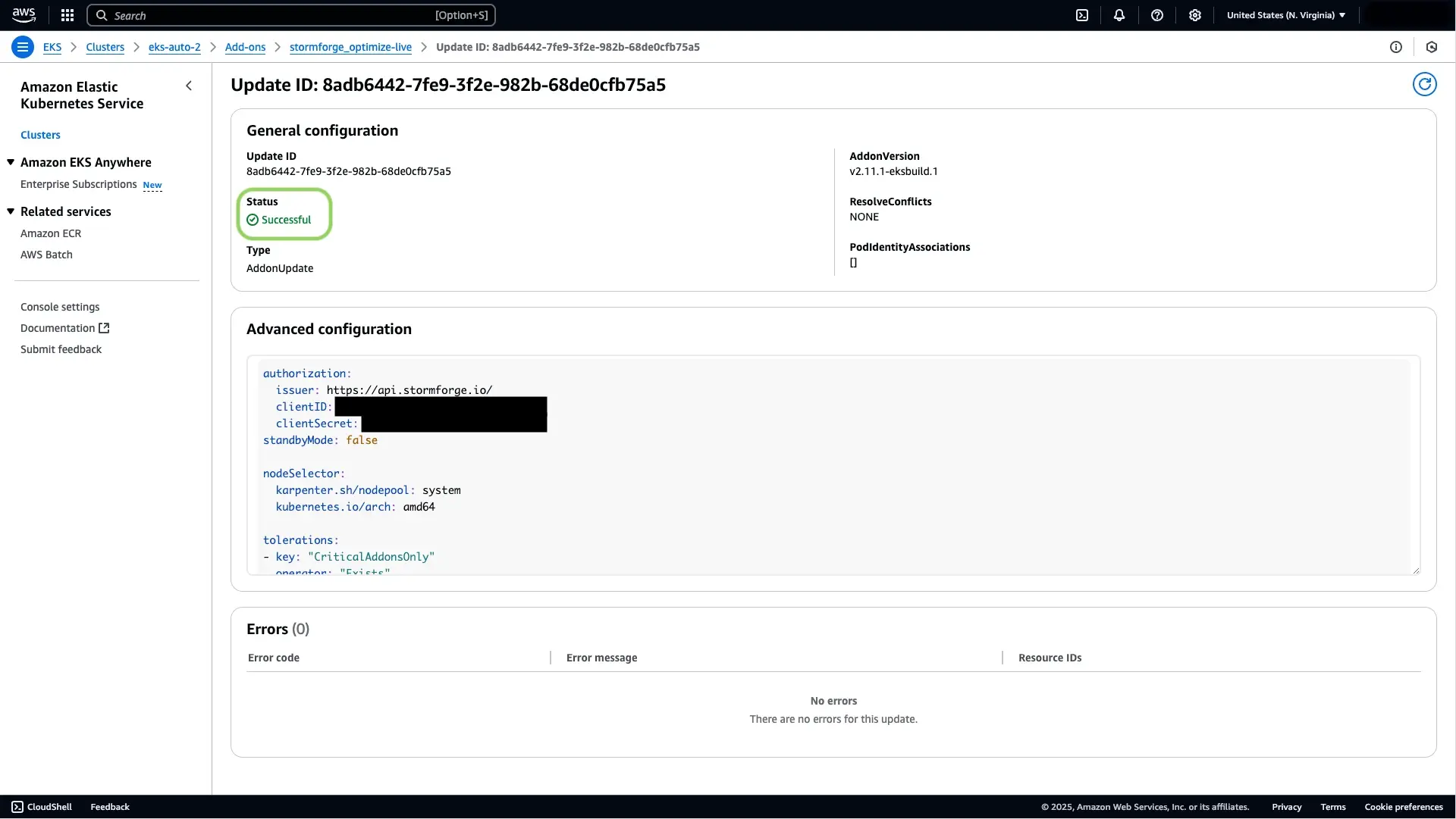 a screenshot of the Amazon EKS UI showing deployment of new changes to a cluster