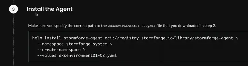 a screenshot in the StormForge UI showing how to install the agent