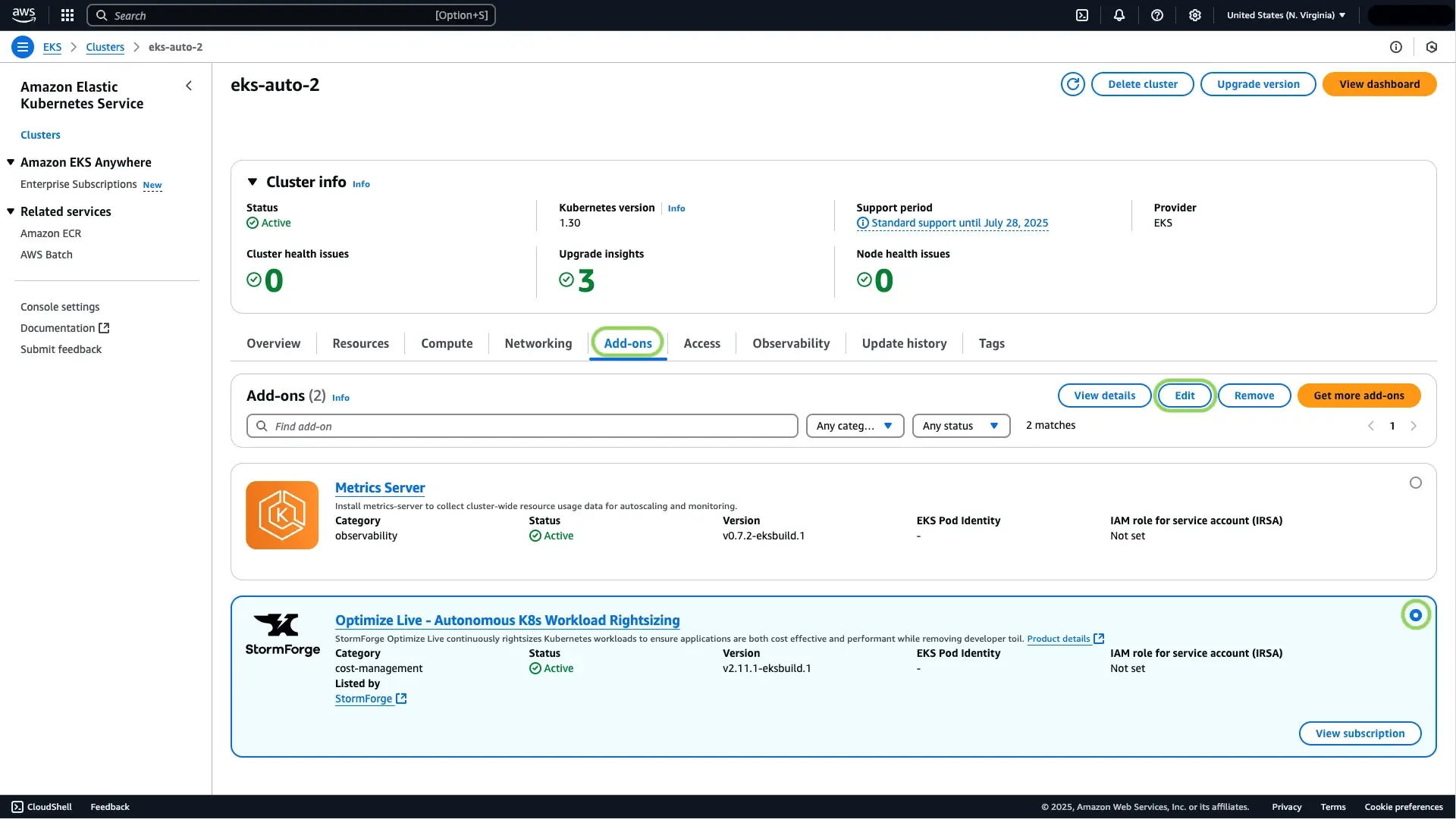 a screenshot of the Amazon EKS UI showing how to Access your EKS cluster control panel to locate and select the StormForge Add On, and click edit.