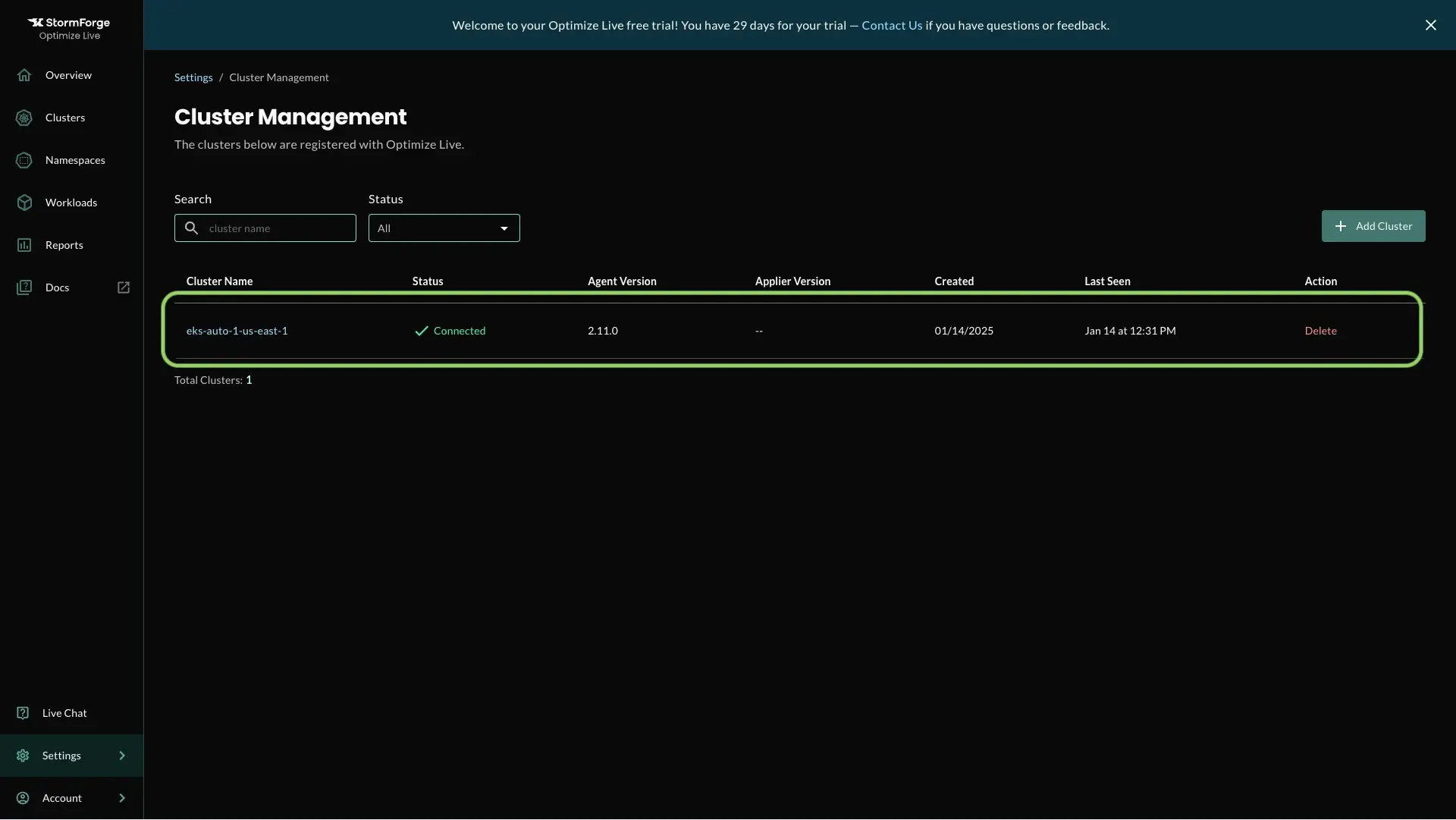 a screenshot of the StormForge UI confirming that an EKS auto mode cluster is connected