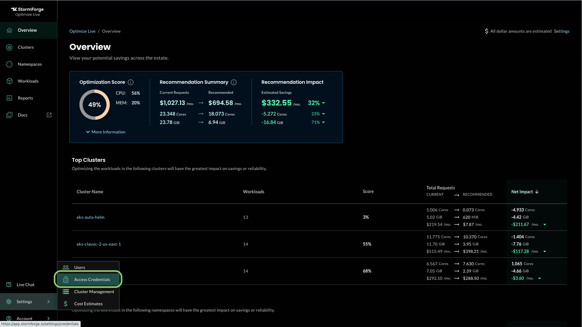 a screenshot of the StormForge UI showing how to Log into your StormForge account and navigate to Settings > Access Credentials