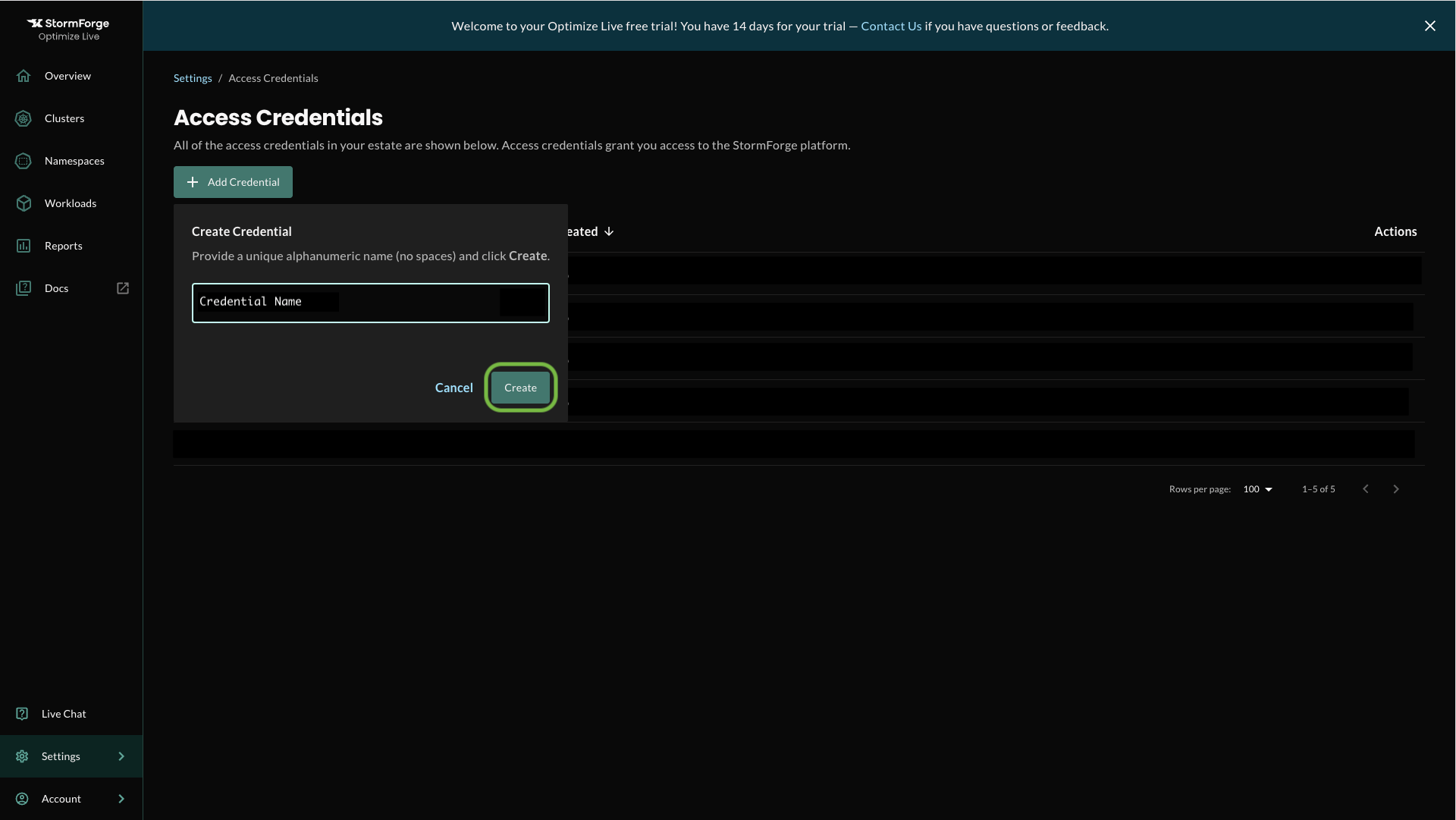 a screenshot of the StormForge UI showing how to Provide a Credential Name and click Create