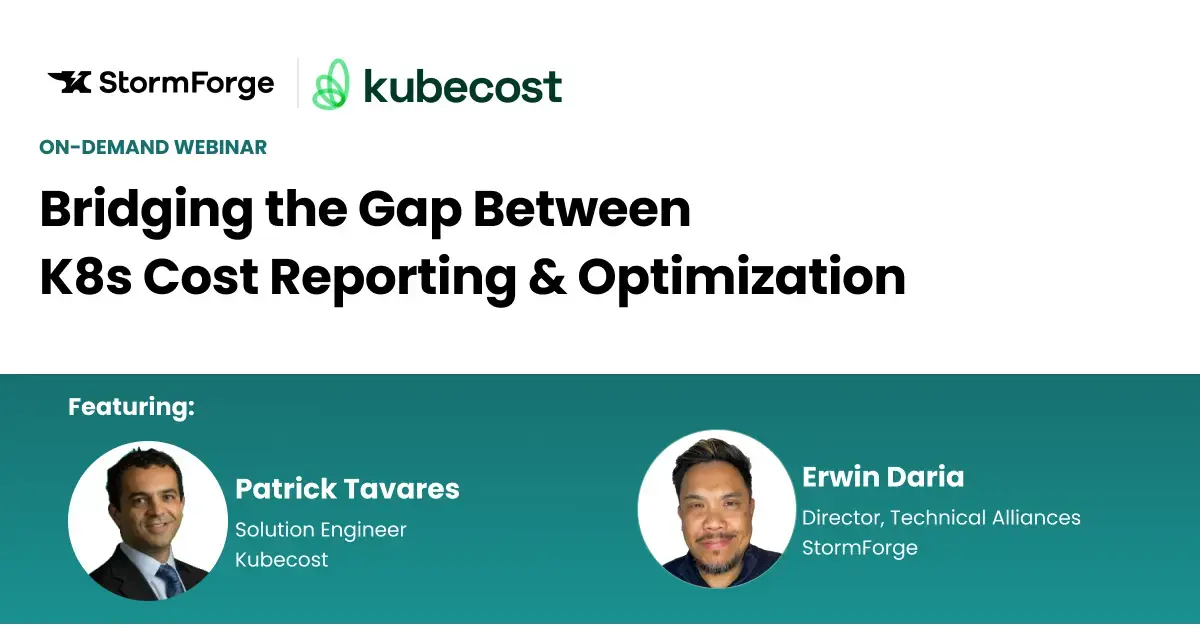 an image describing the webinar: Bridging Gap Between Kubernetes Cost Reporting and Optimization with photos of the speakers Patrick Tavares from Kubecost and Erwin Daria from StormForge