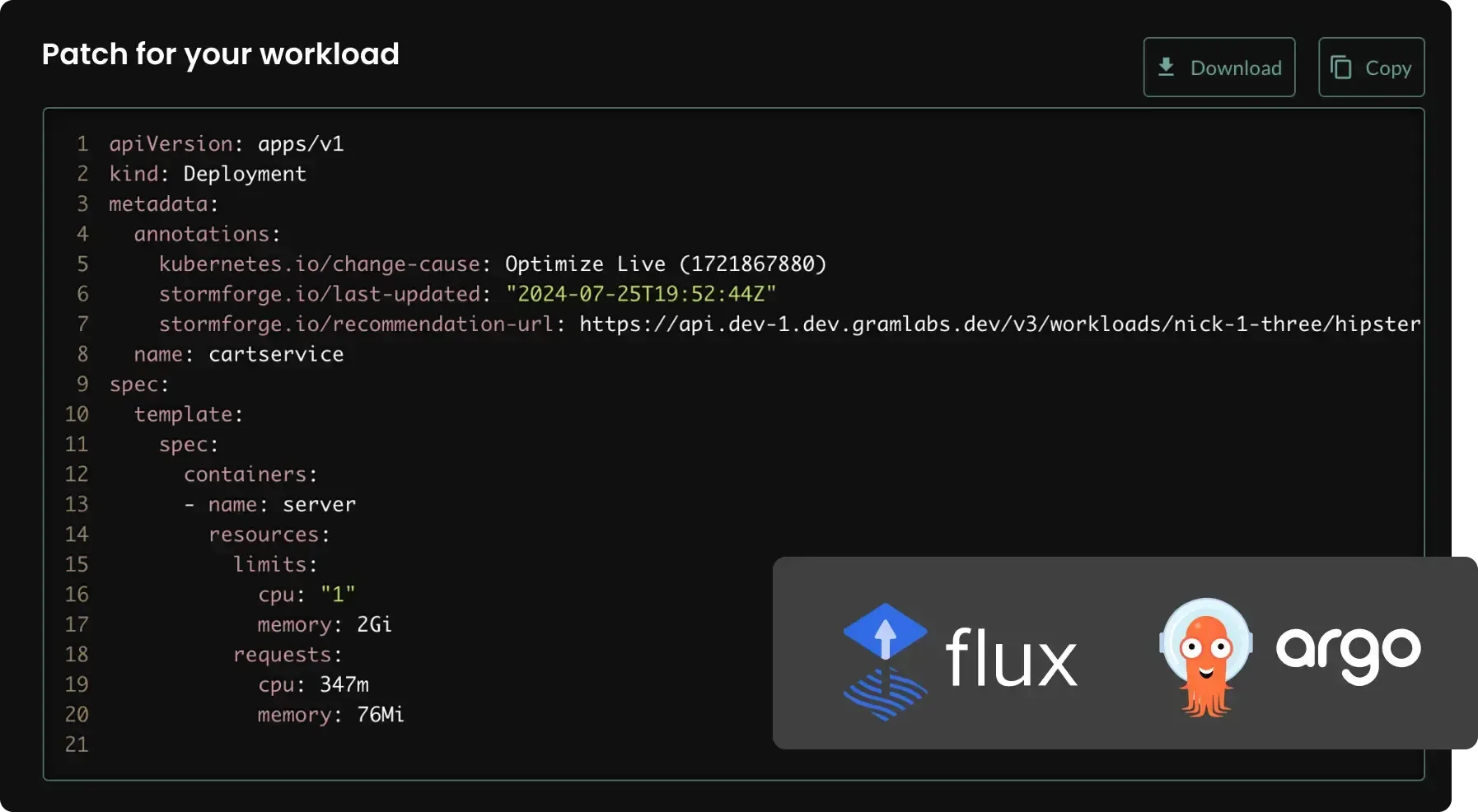 An image of the StormForge Optimize Live UI that shows how the product Integrates with Your GitOps Workflow