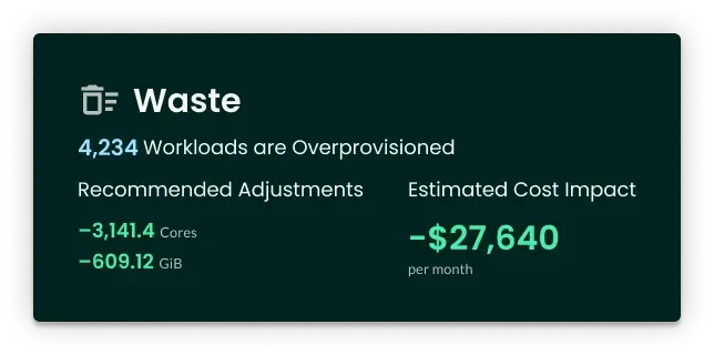 An image of the StormForge Optimize Live UI showing calculated waste from Kubernetes workloads being overprovisioned