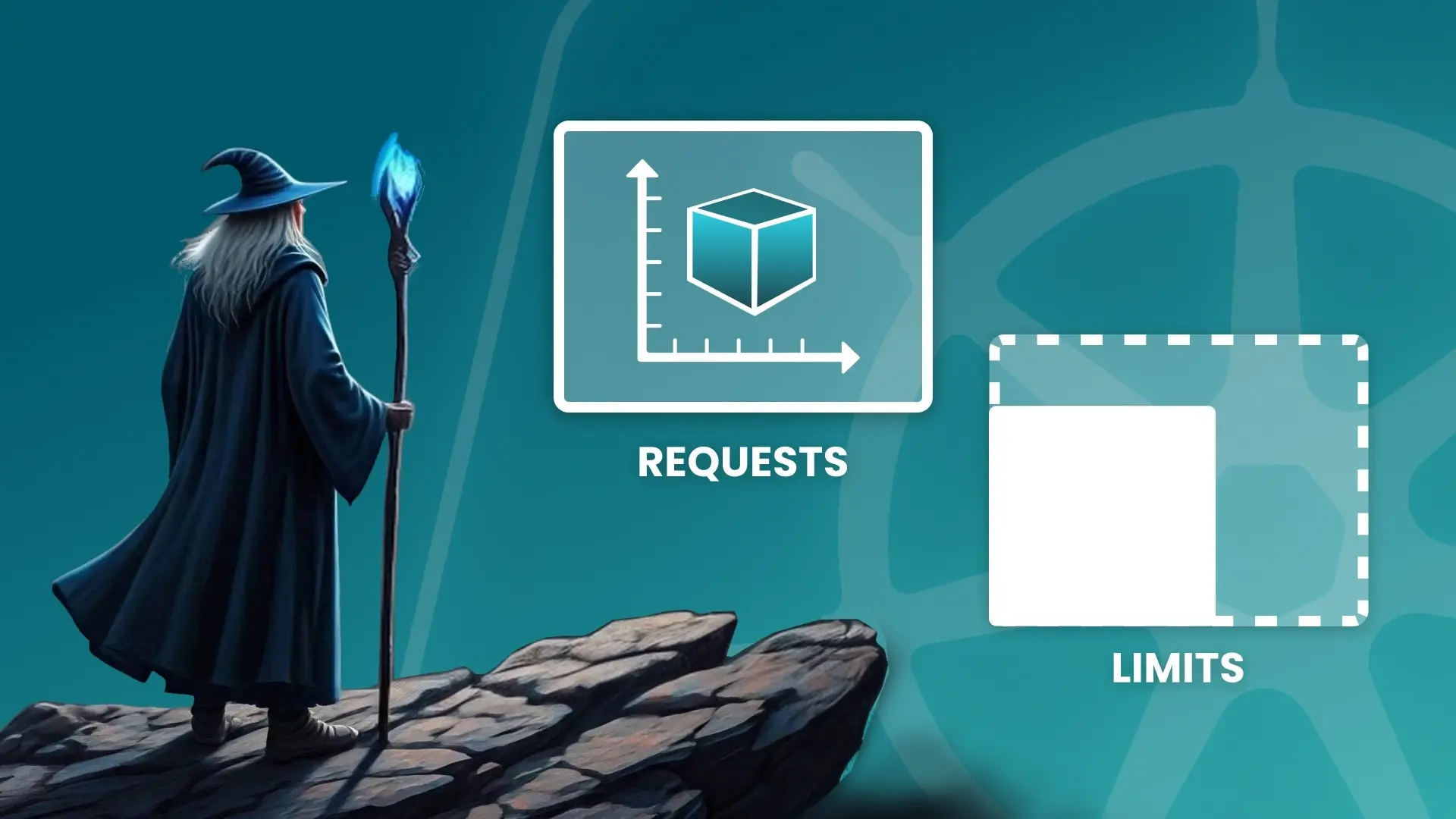 an illustration of a wizard on a rock ledge with icons for Kubernetes, requests, and limits