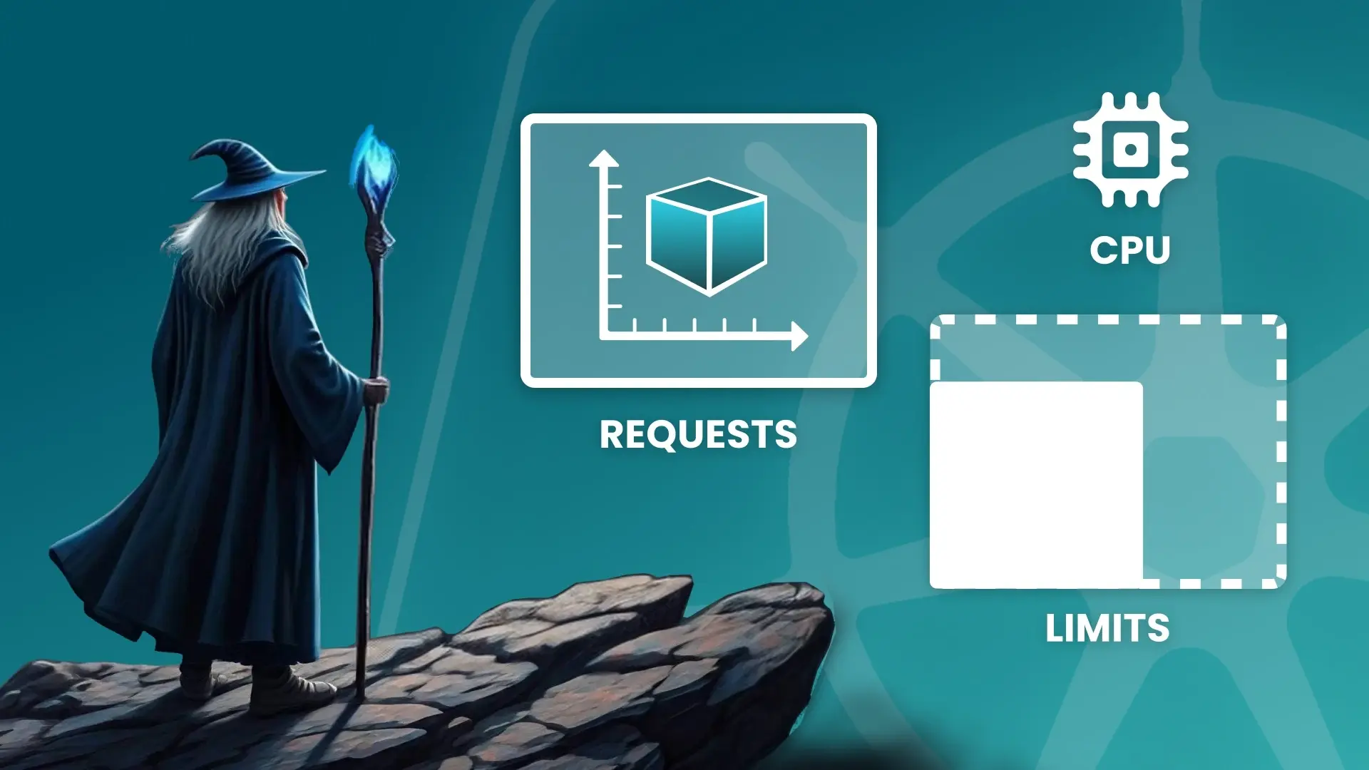 an illustration of a wizard on a rock ledge overlooking icons for Kubernetes, requests, and limits