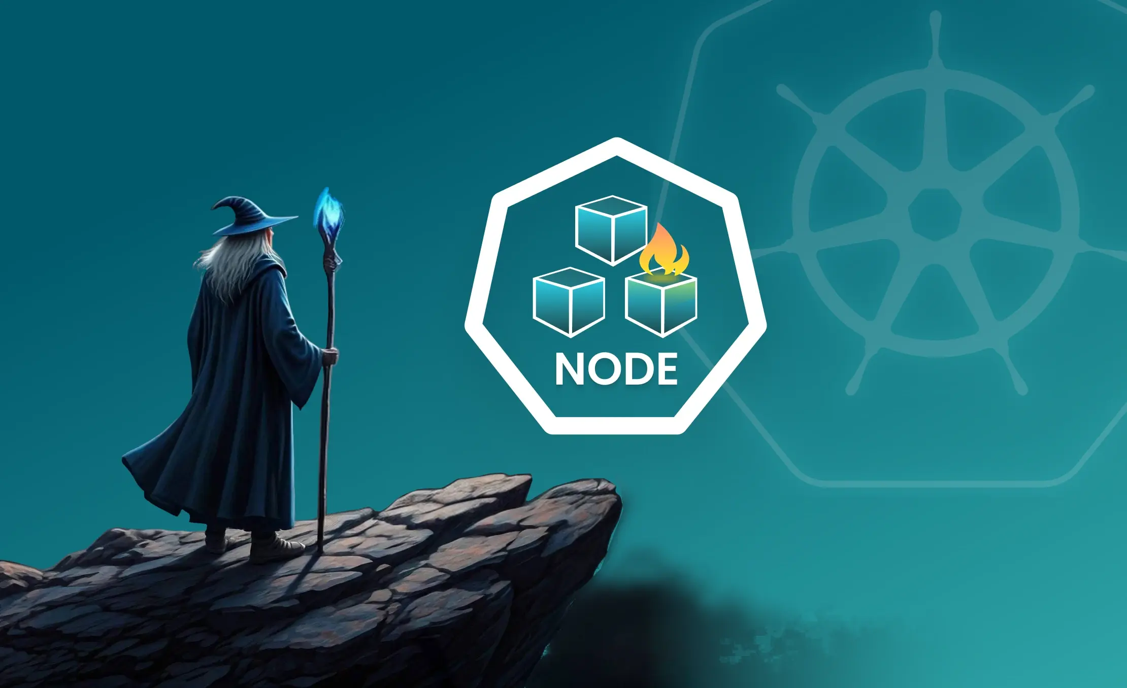 an illustration of a wizard on a rock ledge with icons for Kubernetes and node eviction