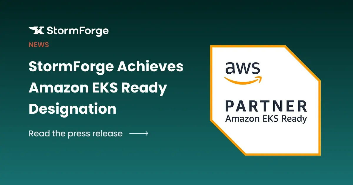 A AWS partner badge and text announcing the news that StormForge has achieved the Amazon EKS Ready designation