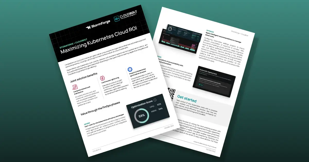 a collage of the pages of the CloudBolt and StormForge solution brief